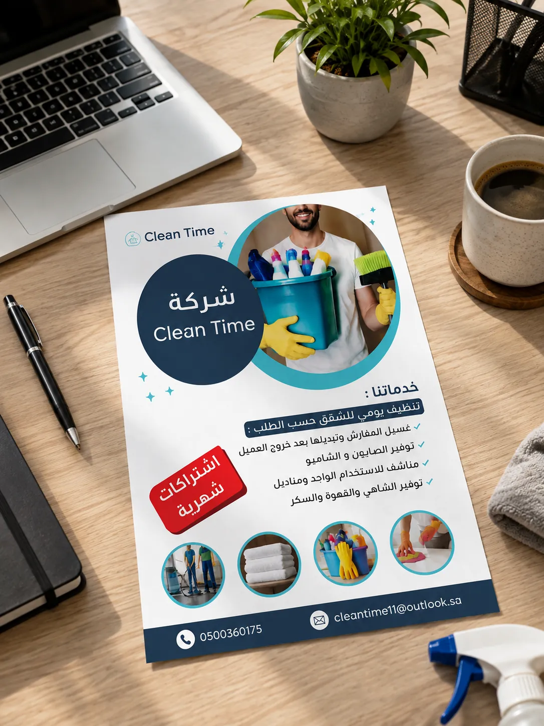 تصميم فلاير دعائي لشركة تنظيف Clean Time — مطبوع تسويقي بالعربي